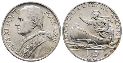 Vaticano. Pio XI (1929-1938). 5 Lire 1934. Gig. 25; Ag; 5gr