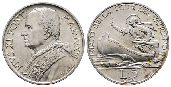 VATICANO. Pio XI (1929-1938). 5 lire 1934. Gig. 25; Ag; 5gr