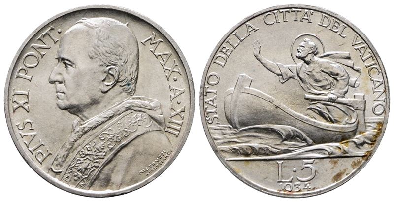 Vaticano. Pio XI (1929-1938). 5 Lire 1934. Gig. 25; Ag; 5gr