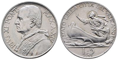 VATICANO, 5 lire 1935, Pio XI (1929-1938), Ag, 5 gr