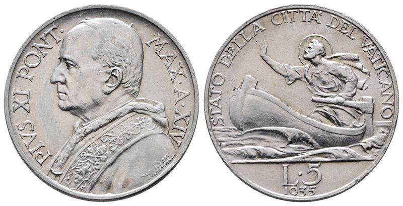 Vaticano. Pio XI (1929-1938). 5 Lire 1935. Gig. 26; Ag; 5gr