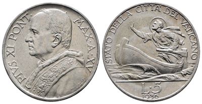 Pio XI, 5 lire 1936 - Vaticano (Gig. 27; Ag; 5gr) SPL+
