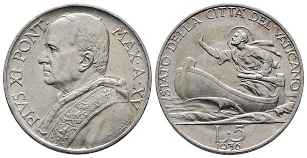 VATICANO. Pio XI (1929-1938). 5 lire 1936. Gig. 27; Ag; 5gr