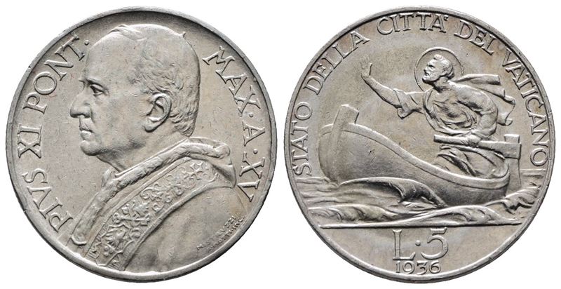 Vaticano. Pio XI (1929-1938). 5 Lire 1936. Gig. 27; Ag; 5gr