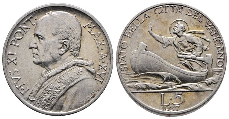 Vaticano. Pio XI (1929-1938). 5 Lire 1937. Gig. 28; Ag; 5gr