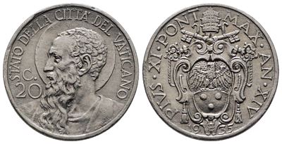 Vaticano. Pio XI (1929-1938). 20 Centesimi 1935. Gig. 82; Ni; 4gr. Rr