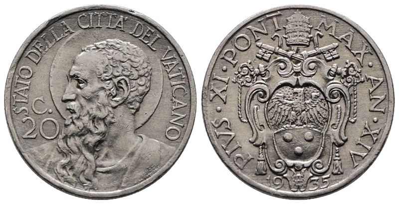 Vaticano. Pio XI (1929-1938). 20 Centesimi 1935. Gig. 82; Ni; 4gr. Rr
