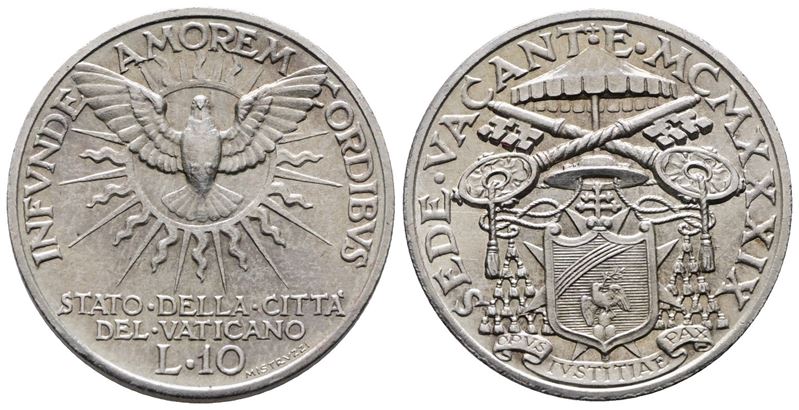 Vaticano. Sede Vacante (1939). 10 Lire 1939. Gig. 94; Ag; 10gr.