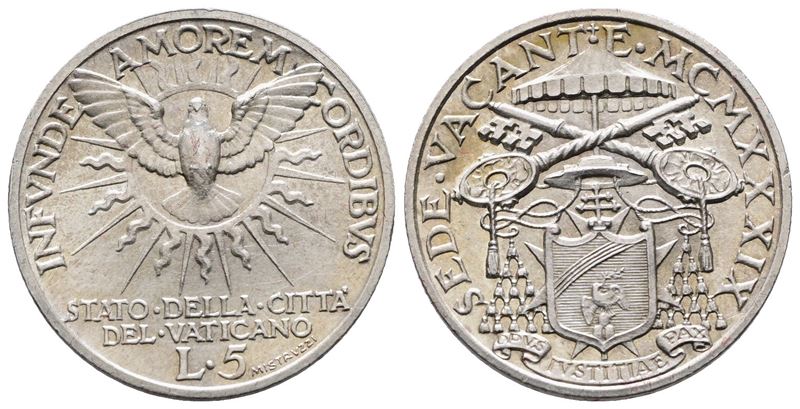Vaticano. Sede Vacante (1939). 5 Lire 1939. Gig. 95; Ag; 5gr.