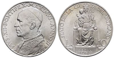 Vaticano. Pio XII (1939-1958). 10 Lire 1940. Gig. 128; Ag; 10gr