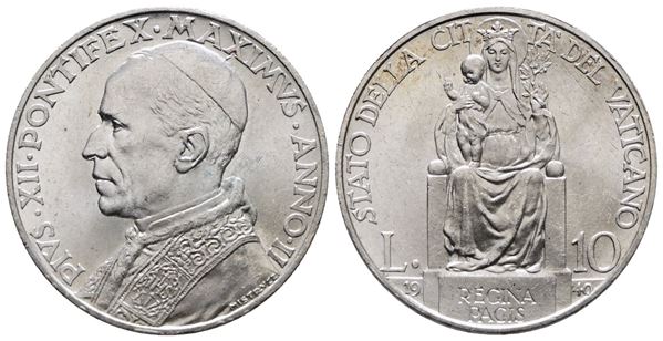 VATICANO. Pio XII (1939-1958). 10 lire 1940. Gig. 128; Ag; 10gr