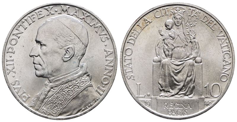 Vaticano. Pio XII (1939-1958). 10 Lire 1940. Gig. 128; Ag; 10gr