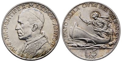 Pio XII, Moneta da 5 lire 1939, Gig. 146, Argento, 5 g