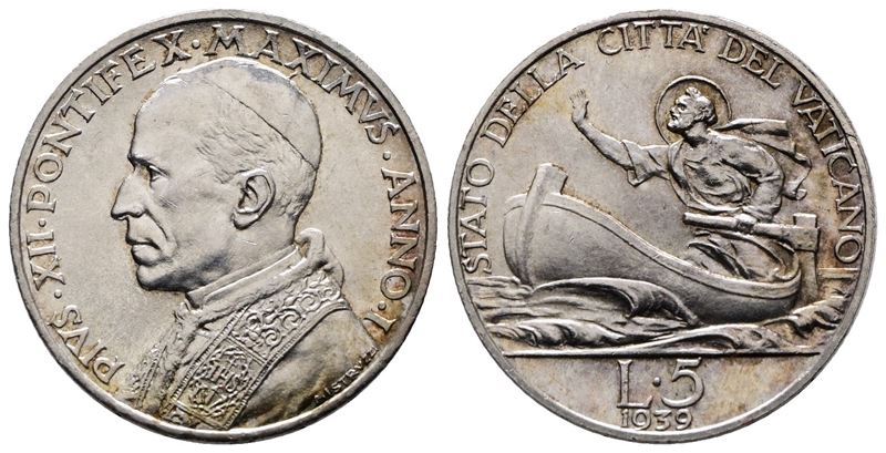 Pio XII, Moneta da 5 lire 1939, Gig. 146, Argento, 5 g