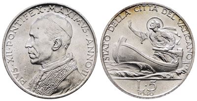 Vaticano. Pio XII (1939-1958). 5 Lire 1940. Gig. 147; Ag; 5gr