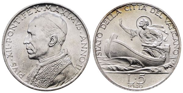 VATICANO. Pio XII (1939-1958). 5 lire 1940. Gig. 147; Ag; 5gr
