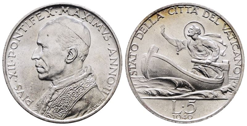 Vaticano. Pio XII (1939-1958). 5 Lire 1940. Gig. 147; Ag; 5gr