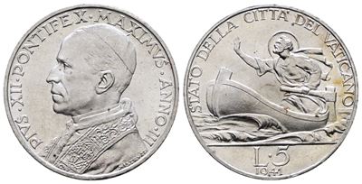 Vaticano. Pio XII (1939-1958). 5 Lire 1941. Gig. 148; Ag; 5gr; Rr