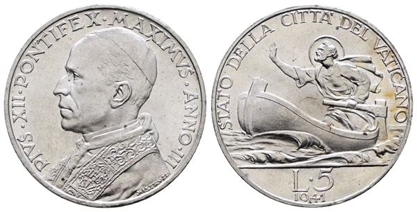 VATICANO. Pio XII (1939-1958). 5 lire 1941. Gig. 148; Ag; 5gr; RR