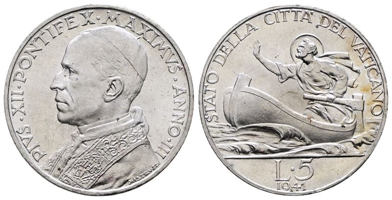 Vaticano. Pio XII (1939-1958). 5 Lire 1941. Gig. 148; Ag; 5gr; Rr
