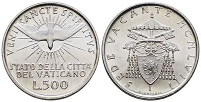 Vaticano. Sede Vacante (1958). 500 Lire 1958. Gig. 261; Ag; 11gr.