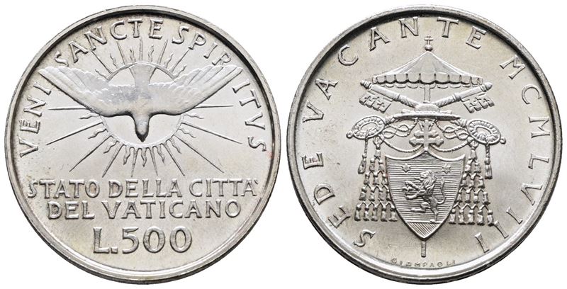 Vaticano. Sede Vacante (1958). 500 Lire 1958. Gig. 261; Ag; 11gr.