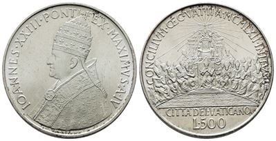Vaticano. Giovanni XXIII (1958-1963). 500 Lire 1962 "concilio Ecumenico". Ag; 11gr. Rara