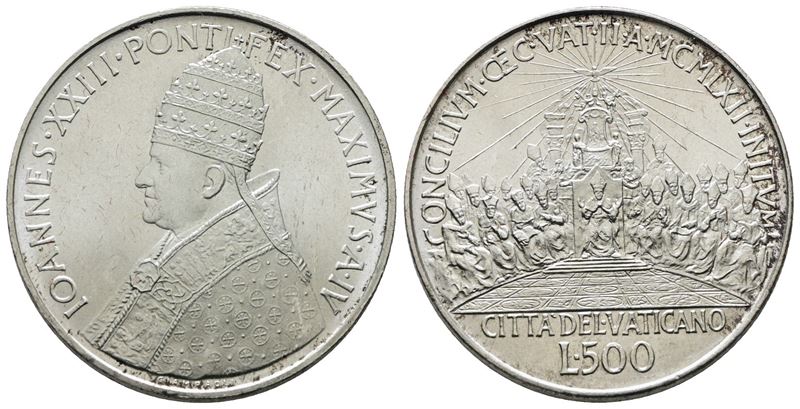 Vaticano. Giovanni XXIII (1958-1963). 500 Lire 1962 "concilio Ecumenico". Ag; 11gr. Rara