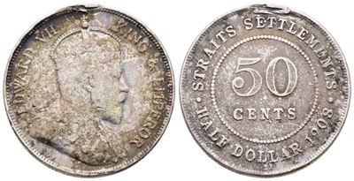 Malesia, Straits Settlements, 50 centesimi di Eduardo VII (1908), KM 24, argento, 10,1 g