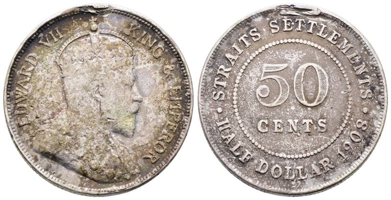 Malesia, Straits Settlements, 50 centesimi di Eduardo VII (1908), KM 24, argento, 10,1 g