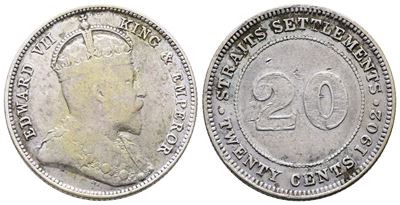 Malesia, Straits Settlements - Eduardo VII, 20 centesimi 1902, KM 22, Argento