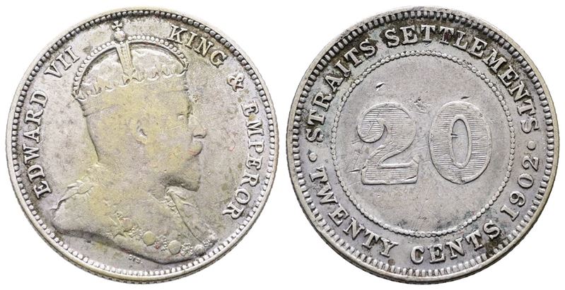Malesia, Straits Settlements - Eduardo VII, 20 centesimi 1902, KM 22, Argento