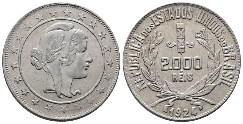BRASILE. 2000 reis 1924. KM 526; Ag; 8gr. SPL