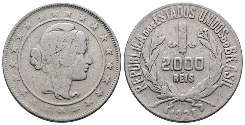 BRASILE. 2000 reis 1925. KM 526; Ag; 8gr. qBB
