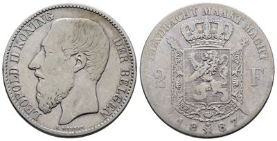 Belgio. Leopoldo II (1865-1909). 2 Franchi 1887. Km 31; Ag; 10gr