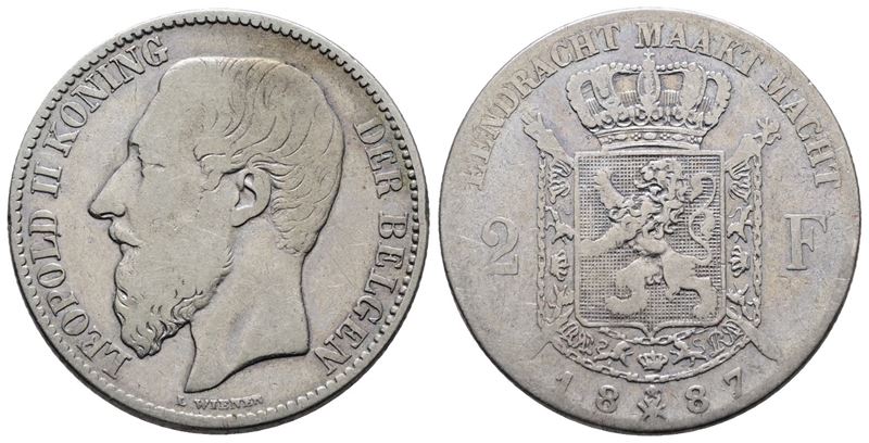 Belgio. Leopoldo II (1865-1909). 2 Franchi 1887. Km 31; Ag; 10gr