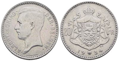 Belgio. Alberto (1910-1934). 20 Franchi 1934. Km 104; Ag; 11gr