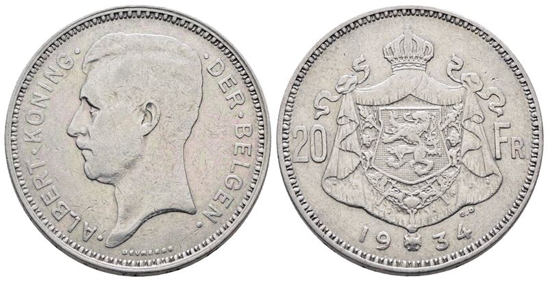 Belgio. Alberto (1910-1934). 20 Franchi 1934. Km 104; Ag; 11gr