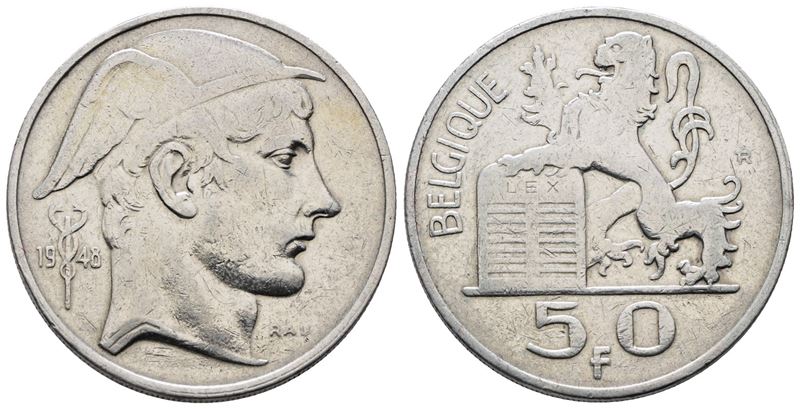 BELGIO. Baldovino (1948-1993). 50 franchi 1948. KM 137; Ag; 12,5gr. BB