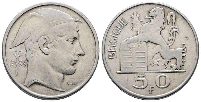 BELGIO. Baldovino (1948-1993). 50 franchi 1949. KM 137; Ag; 12,5gr. qBB