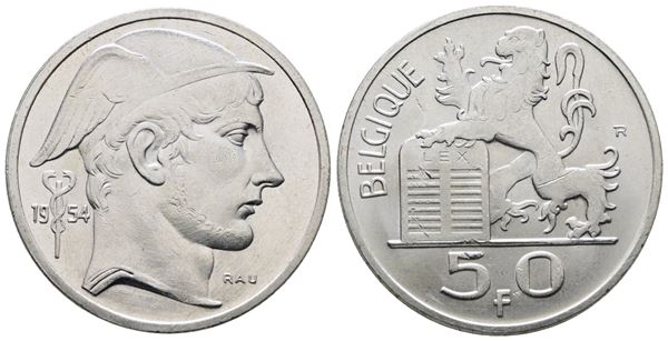 BELGIO. Baldovino (1948-1993). 50 franchi 1954. KM 137; Ag; 12,5gr
