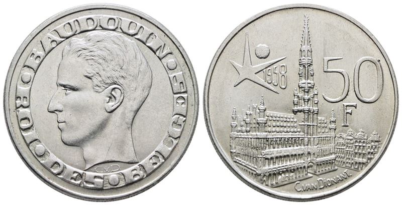 BELGIO. Baldovino (1948-1993). 50 franchi 1958 "Expo 1958". KM 150; Ag; 12,5gr. qFDC