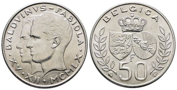 BELGIO. Baldovino (1948-1993). 50 franchi 1960 "Nozze". KM 152; Ag; 12,5gr