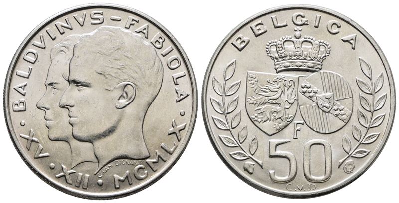 BELGIO. Baldovino (1948-1993). 50 franchi 1960 "Nozze". KM 152; Ag; 12,5gr. FDC