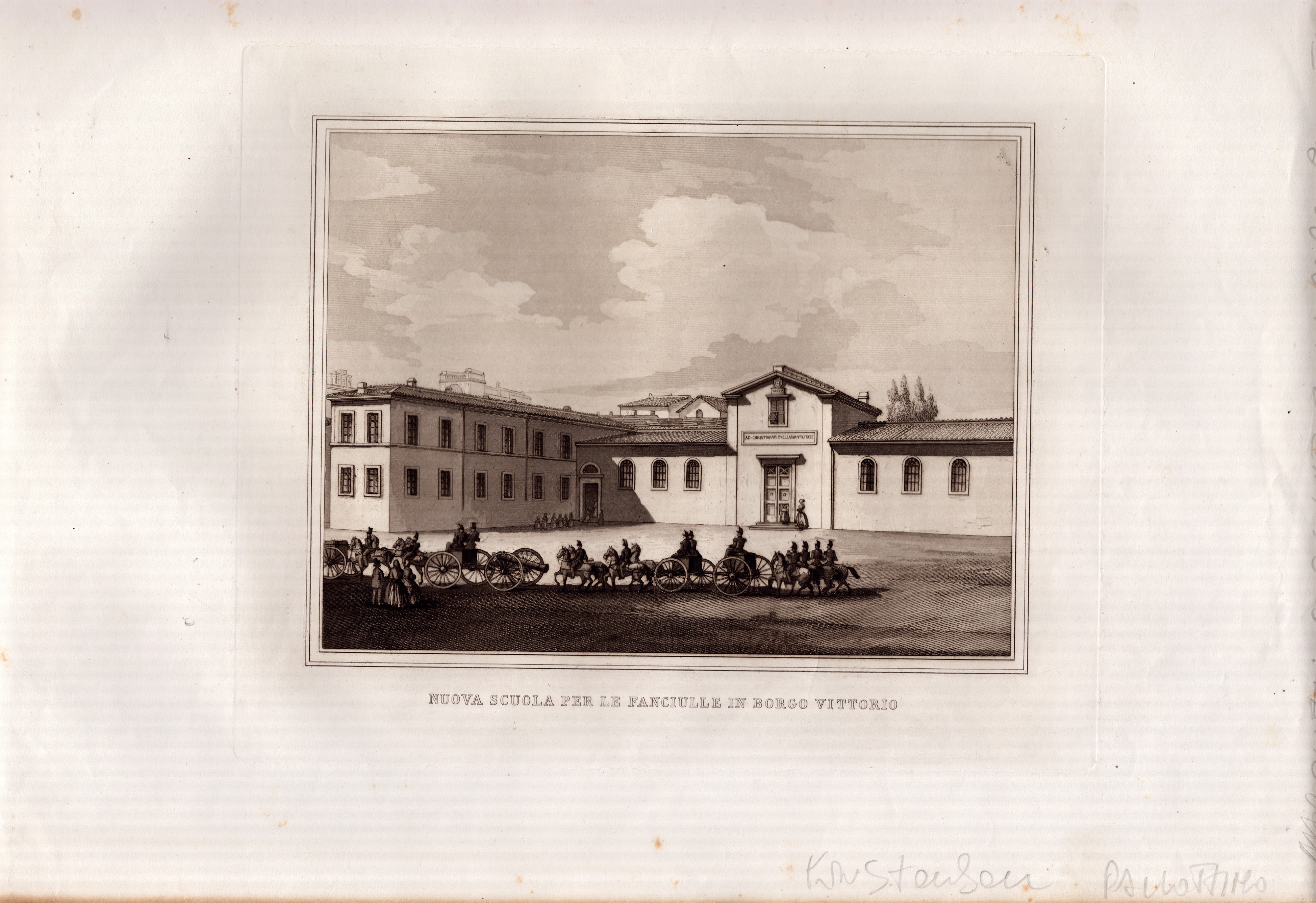 Anonimo, Lotto di quattro litografie: Scuola di Fanciulli in Piazza Pia e Scuola per le Fanciulle...