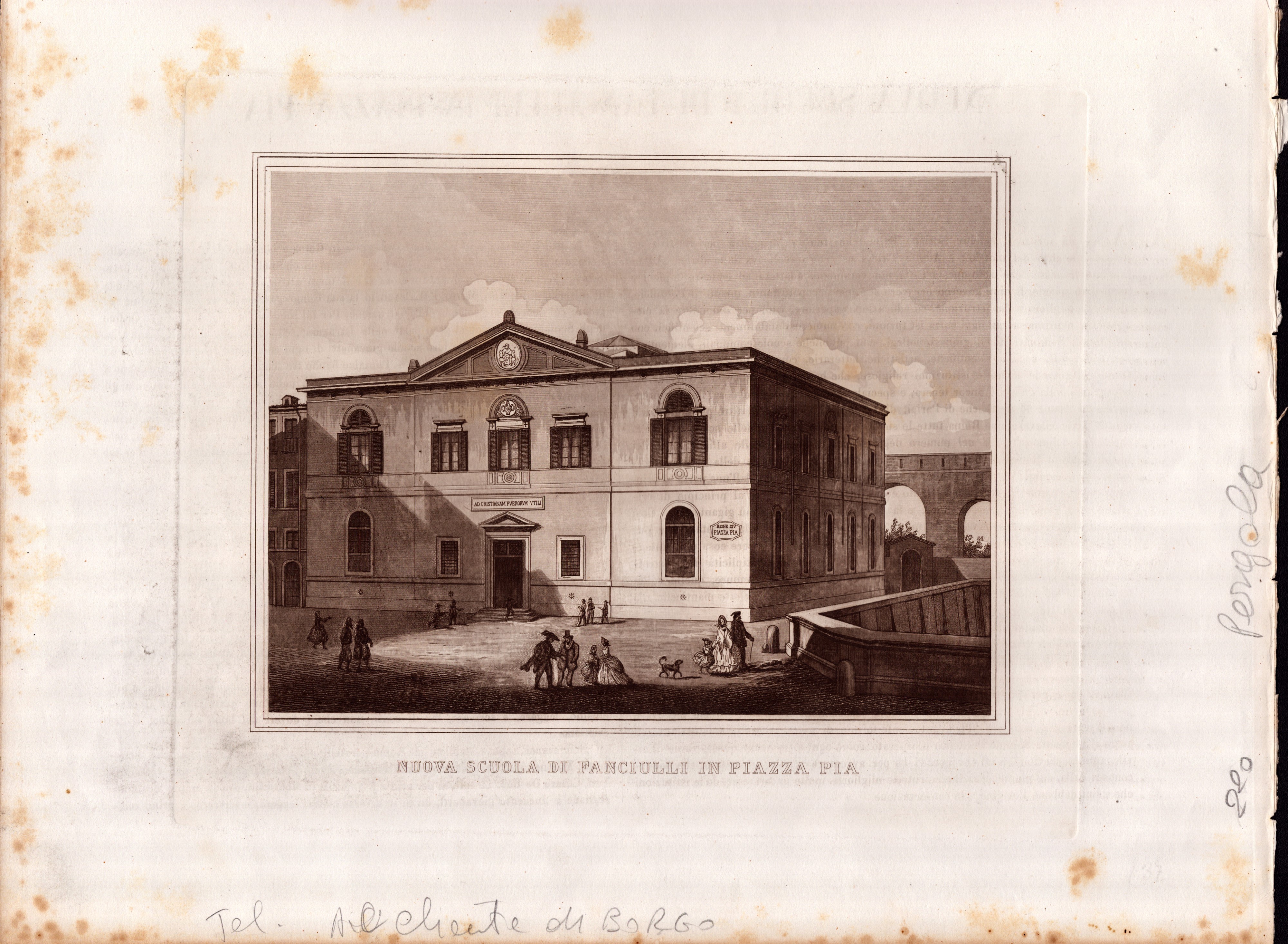 Anonimo, Lotto di quattro litografie: Scuola di Fanciulli in Piazza Pia e Scuola per le Fanciulle...