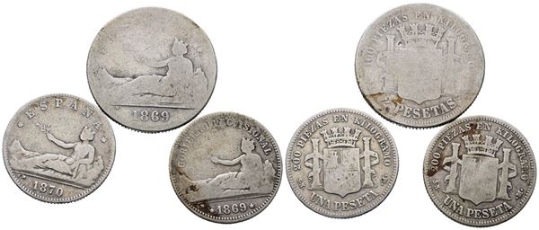 SPAGNA. Governo Provvisorio (1868-1871). Lotto di 3 monete. 2 pesetas 1869; 1 peseta 1869, 1870. Conservazioni varie. Ag  - Asta MONETE E MEDAGLIE MODERNE, CONI, PUNZONI E RARITÀ MASSONICHE - Bertolami Fine Art - Casa d'Aste