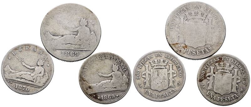 SPAGNA. Governo Provvisorio (1868-1871). Lotto di 3 monete. 2 pesetas 1869; 1 peseta 1869, 1870. ...