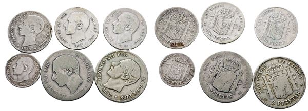 SPAGNA. Alfonso XII (1874-1885). Lotto di 6 monete. 2 pesetas 1882, 1883; 1 peseta 1876, 1883, 1885; 50 centesimi 1885. Conservazioni varie. Ag  - Asta MONETE E MEDAGLIE MODERNE, CONI, PUNZONI E RARITÀ MASSONICHE - Bertolami Fine Art - Casa d'Aste