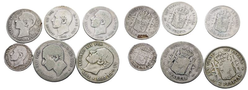 SPAGNA. Alfonso XII (1874-1885). Lotto di 6 monete. 2 pesetas 1882, 1883; 1 peseta 1876, 1883, 18...